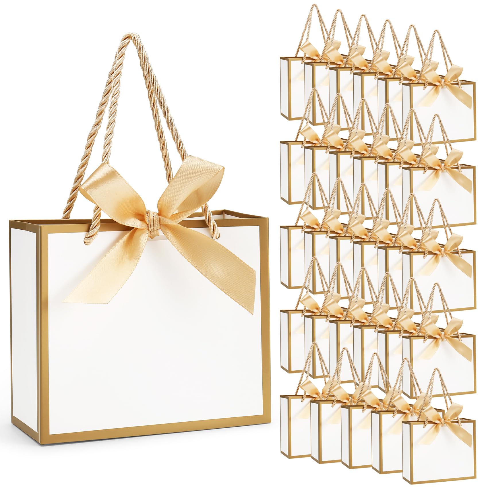 Yocdunm 30 Pcs with Bow Ribbons, 14x6x12 cm/5.51× 2.36× 4.72 inches Mini Party Favour Bags with Handles for Birthdays, Wedding Party, Bridal Shower, Baby Shower (White)