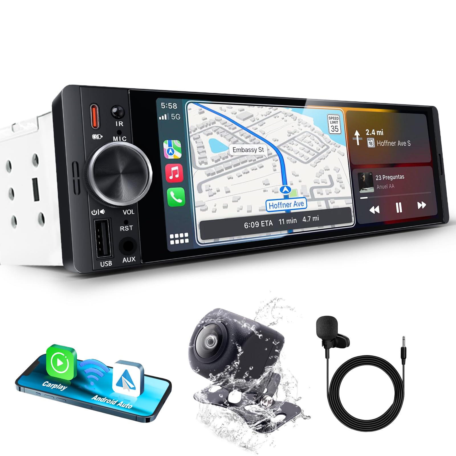 DAB/DAB+ 6,36 Zoll 1 DIN Autoradio mit Drahtlosem CarPlay & Android Auto, Schnellladung, Drahtloser Spiegel-Link, Voice Control, AHD Rückfahrkamera & Mikrofonunterstützung/DSP/SUB/AUX/AM/FM/RDS