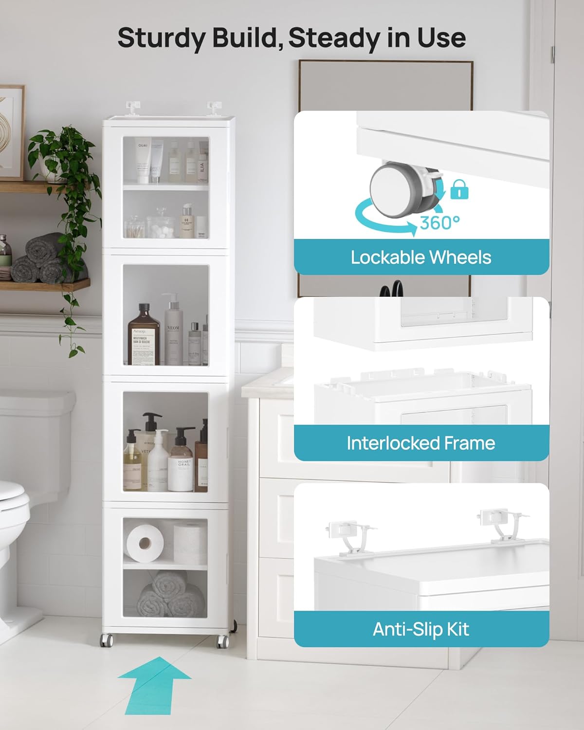 Vtopmart Tall Slim Plastic Bathroom Storage Cabinet with Wheels Door Shelves, 11.5" D x 15.2" W x 63.2" H, Freestanding Narrow Cabinets with Anti-Tip for Kitchen, Pantry, White