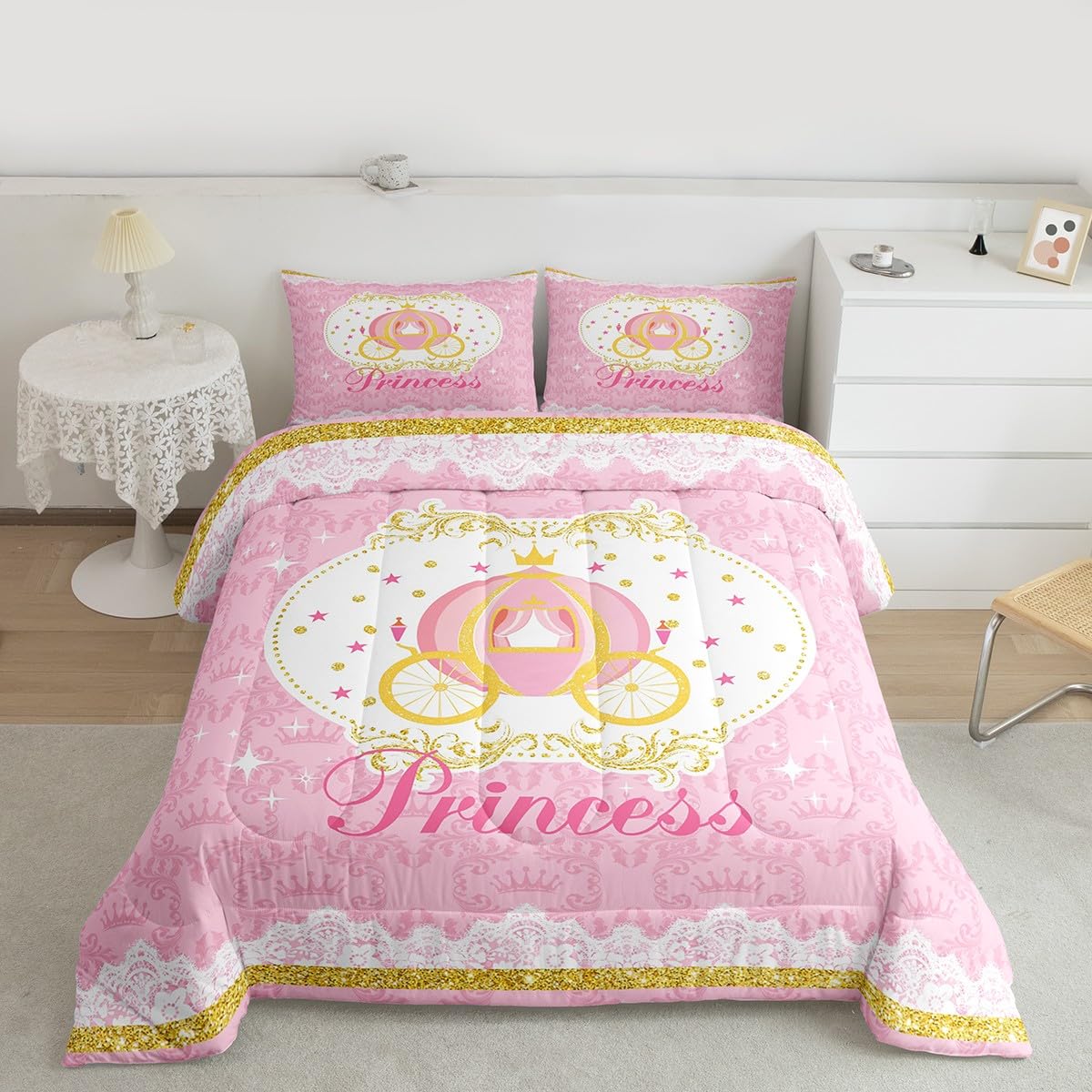 Girls Pink Theme Twin Size Comforter Set,Kids Carriage Decor All Season Bedding Set,Teens Princess Style Comforter,Children Cute Cartoon Decor Quilt