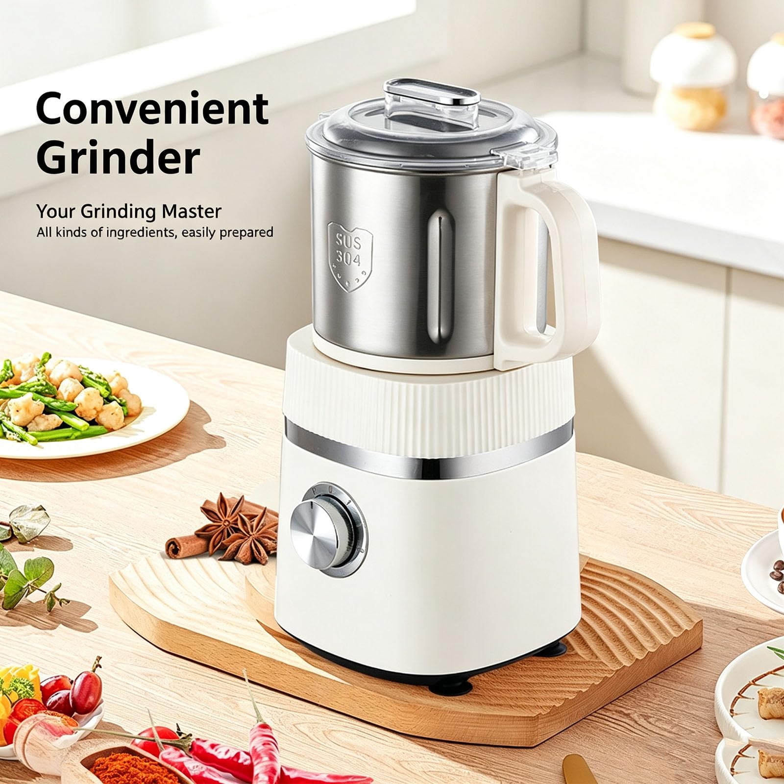 Macinino Elettrico Per Alimenti Secchi E Umidi Da 500 W In Acciaio Inox Con 4 Impostazioni Di Spessore E Capacità Di 800 G, Ideale Per La Cucina, Con 4 Lame In Acciaio Inox Per Erbe Aromatiche,