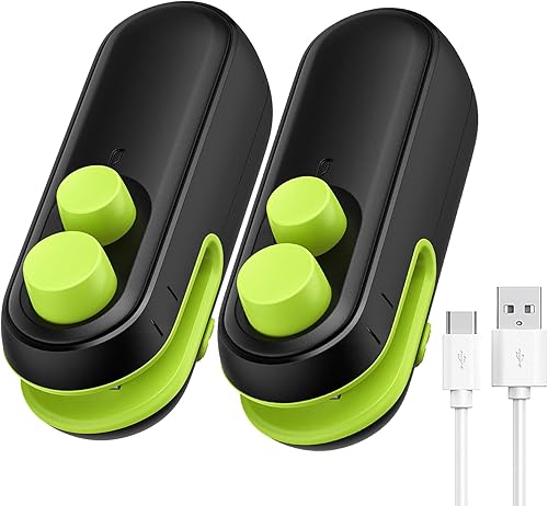NOVFIT Mini sellador de bolsas, paquete de 2 selladores térmicos de mano 2 en 1 con cortador para chips, resellador de plástico recargable por USB,