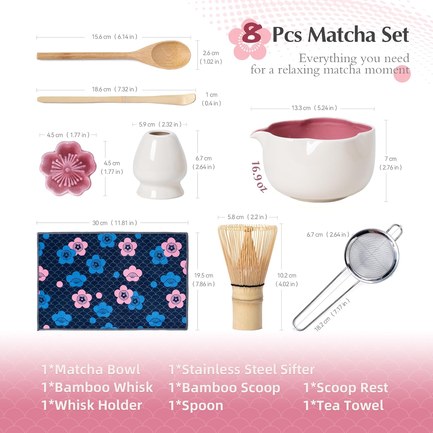 Matcha Set, 8Pcs Floral Ceramic Matcha Set with Matcha Whisk, Holder, Scoop, Scoop Rest, Sifter, Spoon and Tea Towel - Thoughtful Matcha Whisk Set Gift for Matcha Lovers (Beige & Pink) - Image 3