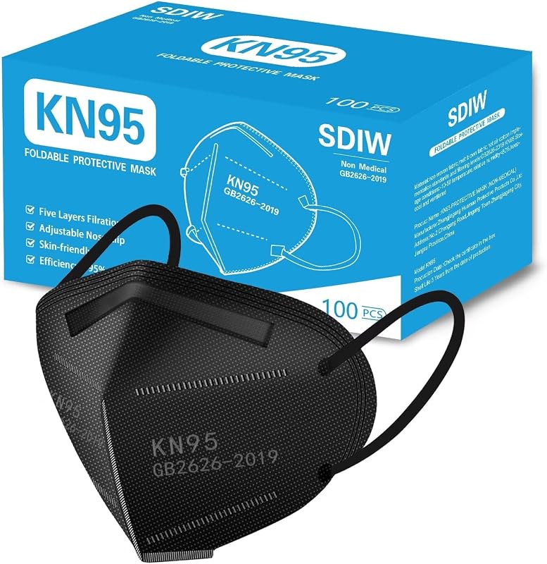100PCS KN95 Mascarillas faciales negras Eficiencia de filtro de 5 capas≥95% con bucle elástico para la oreja y clip para el puente nasal Máscara transpirable