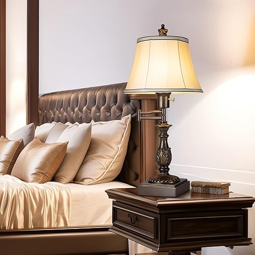 Miniatura 5 de Scenekoy - Juego de 2 lámparas de mesa tradicionales rústicas de 23.5" de alto, brazo oscilante ajustable de 350°, lámpara de mesa con puertos USB