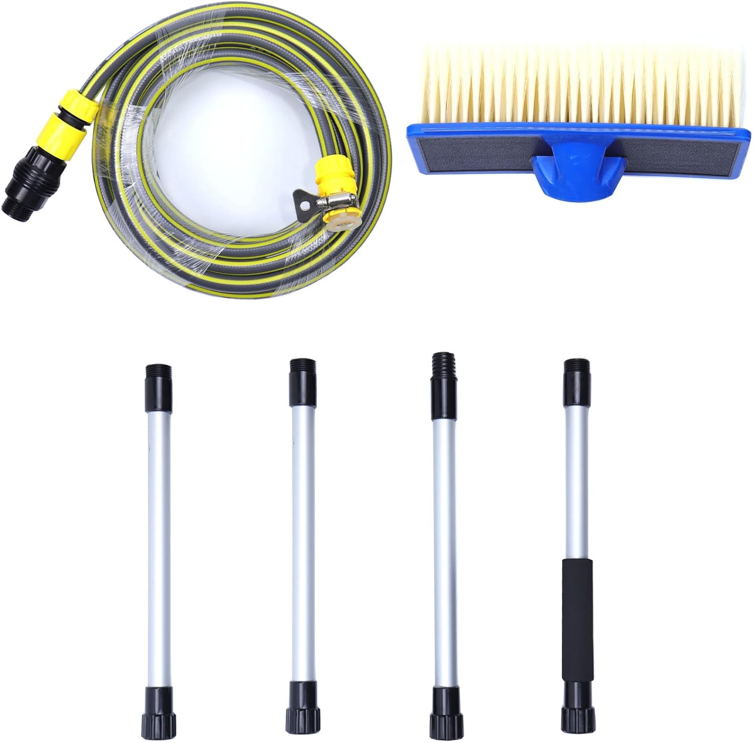5.25 FT Aluminum Car Wash Brush with Extension Pole, Docking Rod Soft Rubber Water Mop Car Washing Tool W/ 32.8 FT Water Hose for RV Boat Truck SUV, House Siding, Snow, Floors, Extension