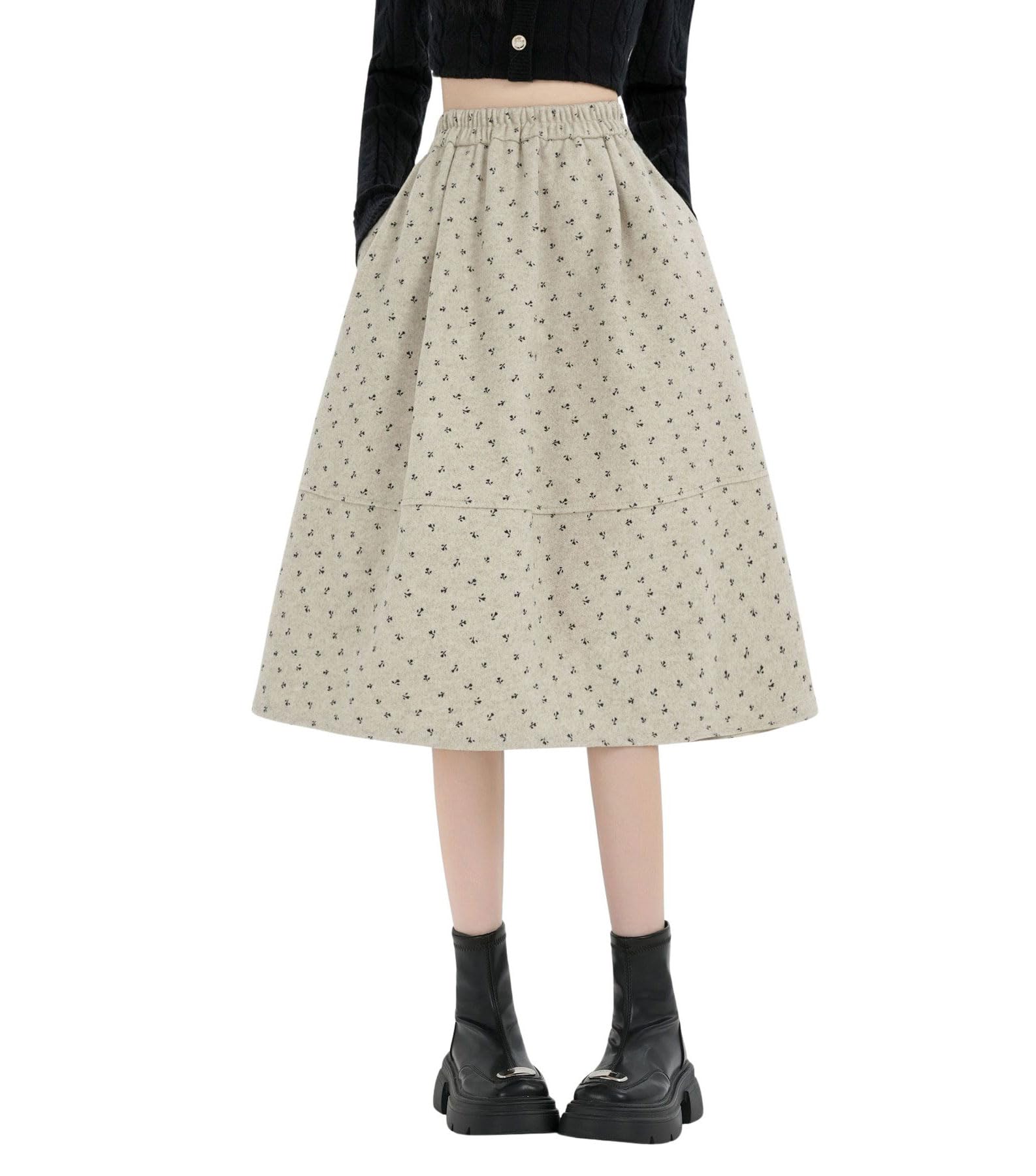 chouyatou Womens Cute Ditsy Floral Wool Midi Long Skirt Elastic Waist Flare A Line Pleated Skirt with Pockets