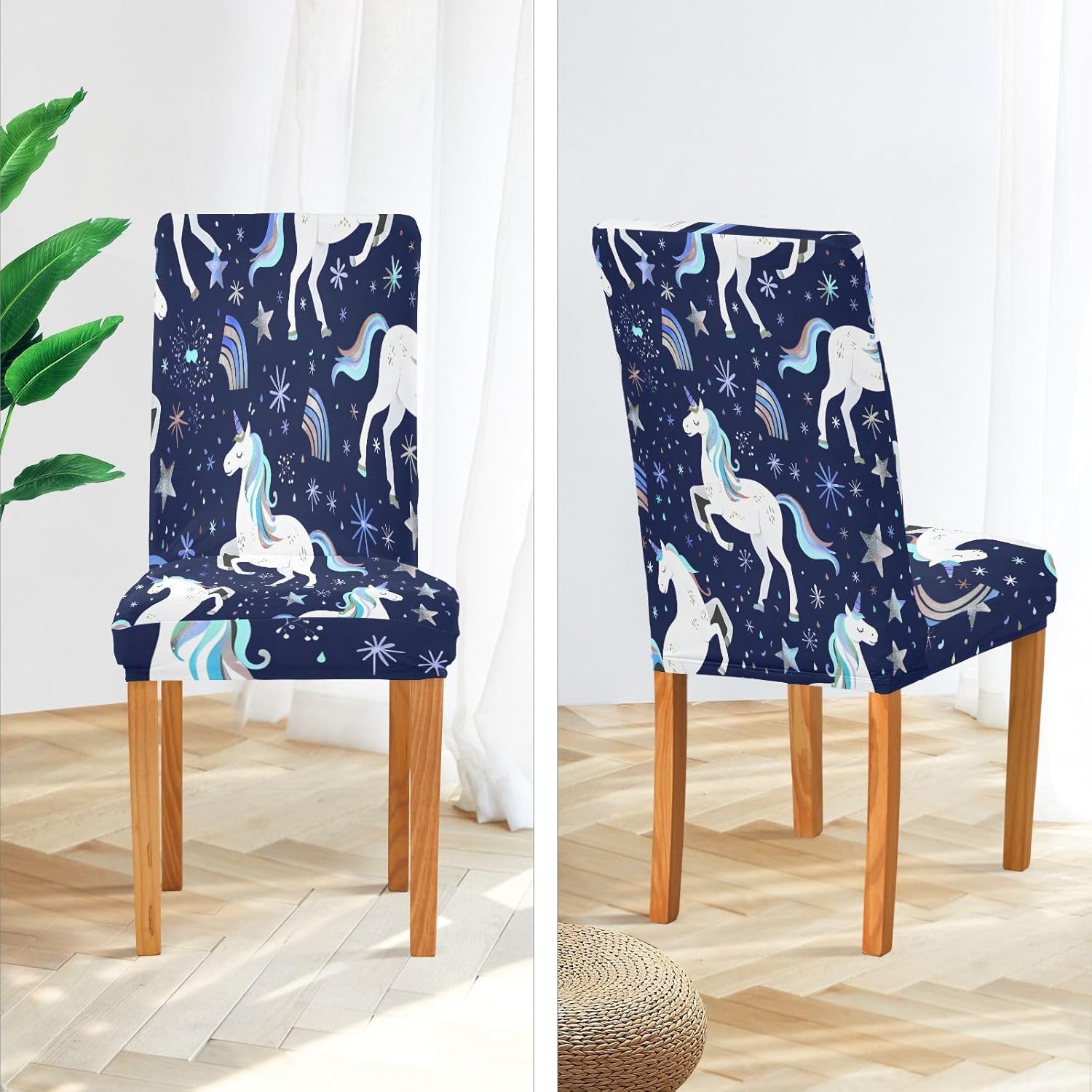 ALAZA Chair Covers for Dining Room, Repeating White Unicorns Rainbows Pattern Stretch Chair Cover Sets Chair Protector Removable Washable for Ktichen Restaurant Hotel