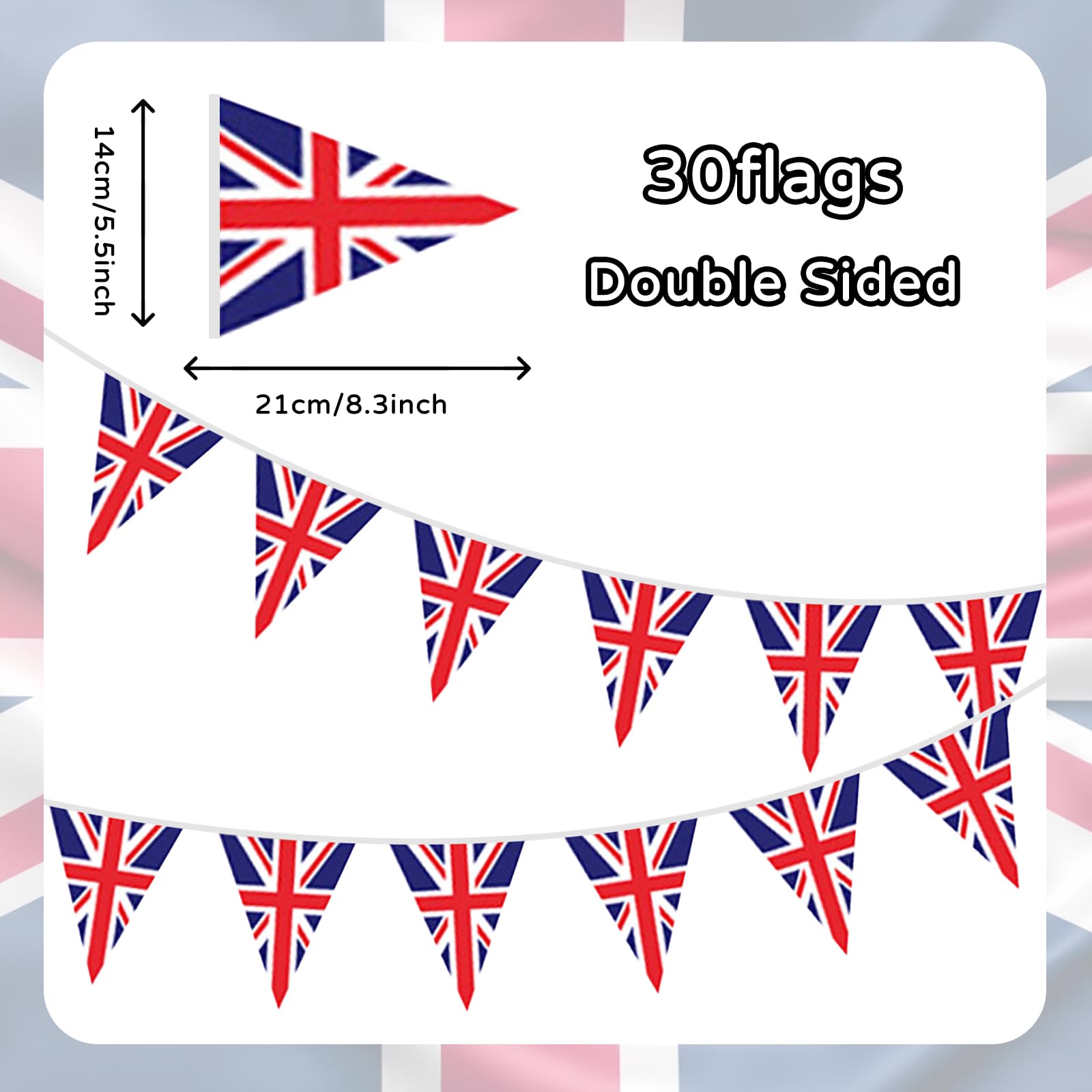 Koliphy 33ft/10m Union Jack Triangle Flag Bunting, 30 Flags, Red, White, Blue, Fabric, Triangular, UK Patriotic Decor - Image 2