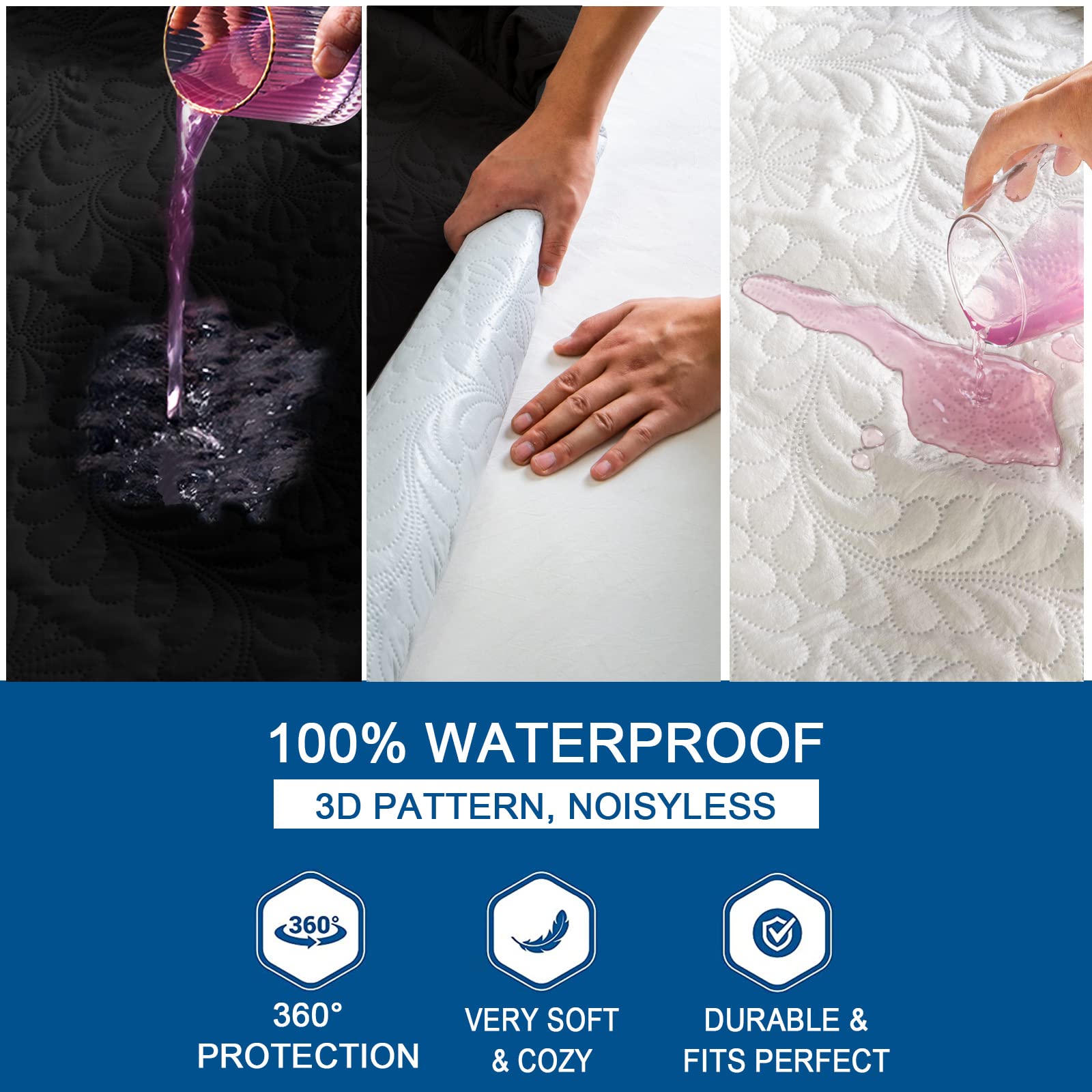 Protector de colchón impermeable sábana bajera 200 x 200 cm, 3D protector de colchón transpirable protector de colchón impermeable sábanas bajeras antihumedad - Negro