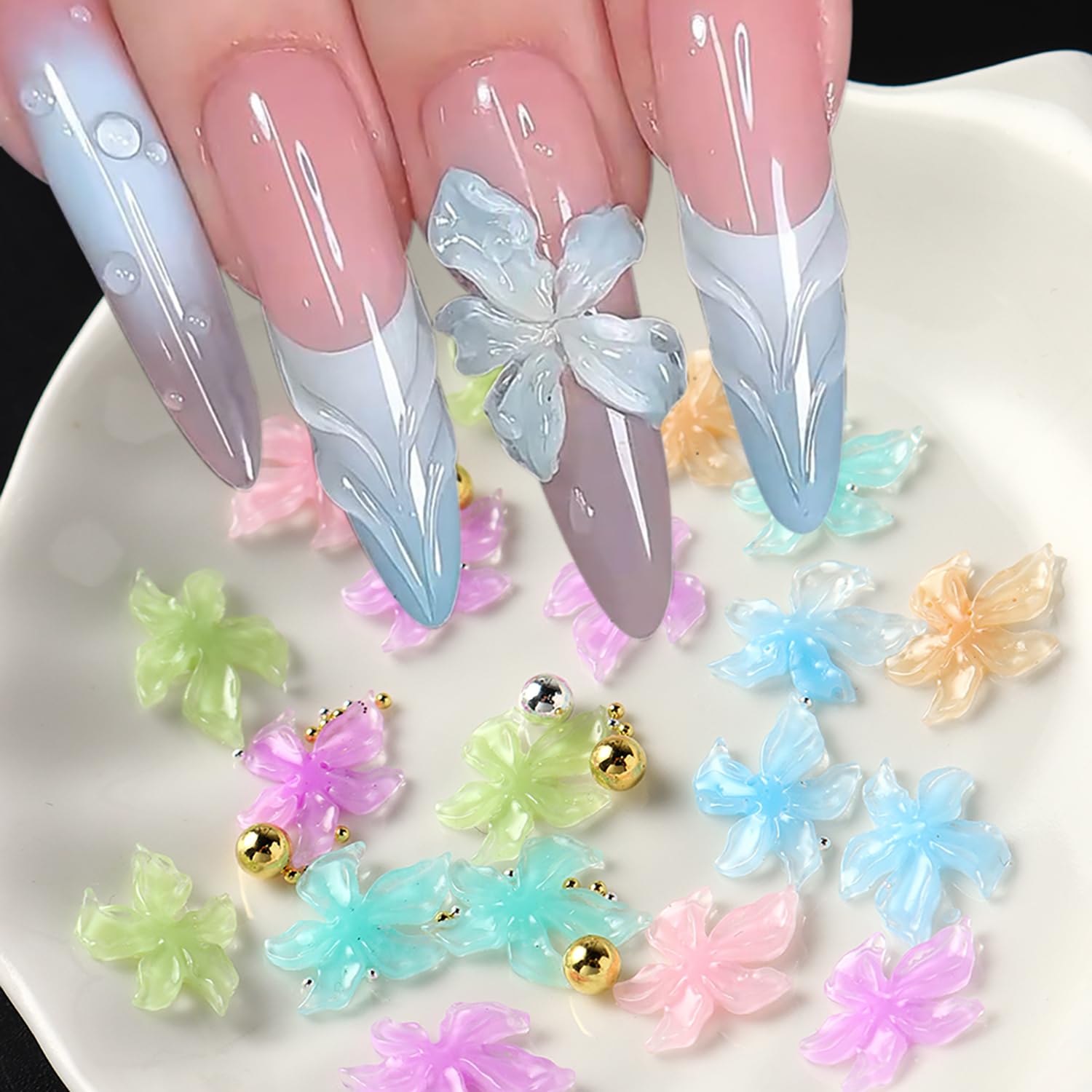 100Pcs Crystal Flower Nail Charms and Gems Mixed Color Spring Floral Nail Rhinestones 3D Hawaii Flowers Nail Jewelry Golden Beads Nail Art Charms for Women Acrylic Nail Supplies Manicure Decor