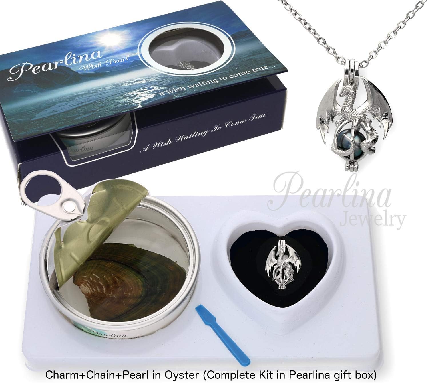 Pearlina Silver-tone Dragon Real Pearl Necklace Jewelry Set - Make a Wish for Success, Love, Health, Wealth -Freshwater Cultured Pearl in Oyster -Stainless Steel Chain - Pearls Necklaces for Women/Men