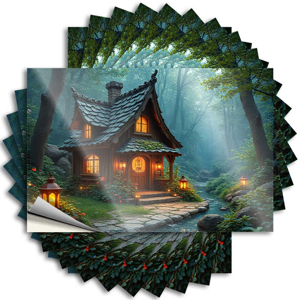 Fzfn Colour Fluffy, Saying Laptop Enchanted Forest Cottage At Dusk | Billiards Pool Decorations Outdoor(12X18cm)
