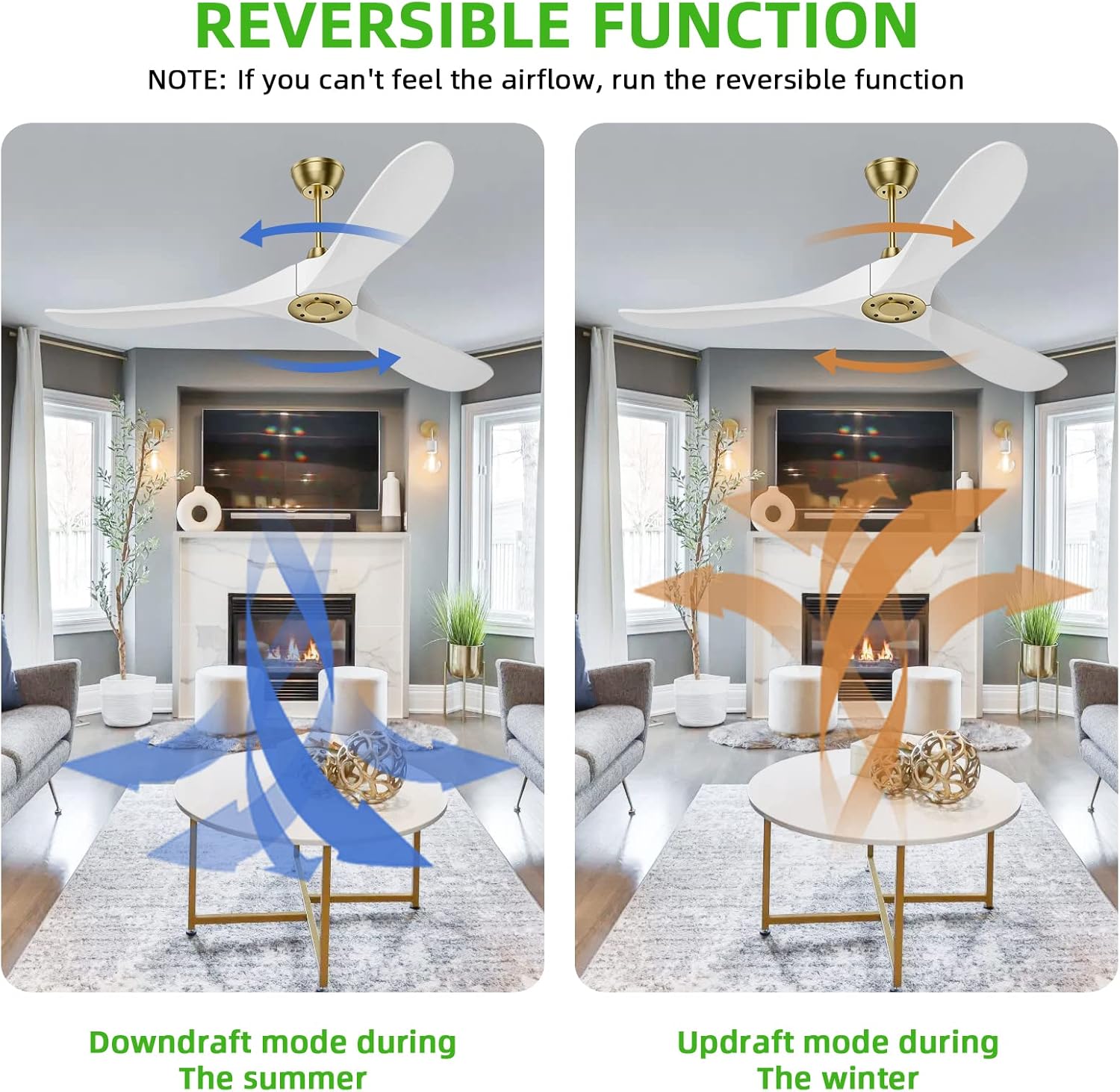 Obabala 52'' Outdoor/Indoor Damp Ceiling Fan with Remote Control, 3 White Balsa Wood Blades, Gold : Tools & Home Improvement