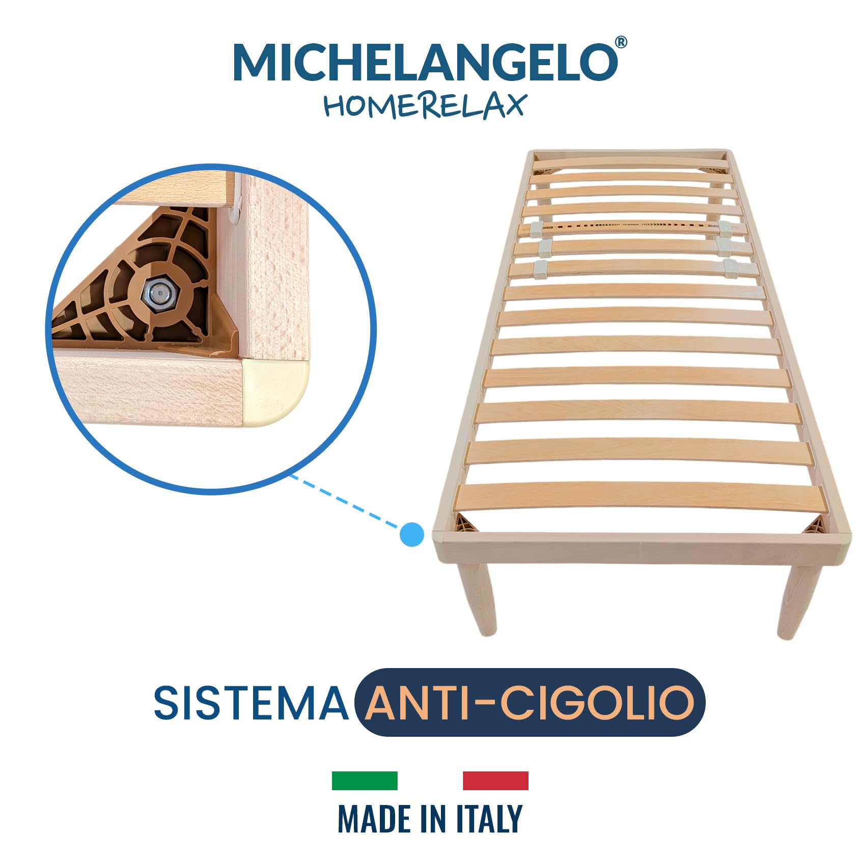 Michelangelo HomeRelax - Rete Letto Singola 80x190 Legno Massello Faggio, Altezza PERSONALIZZATA, Ortopedica, Piedi Smontabili, Doghe in Faggio, Rinforzata, Durevole e Robusta, Made in Italy