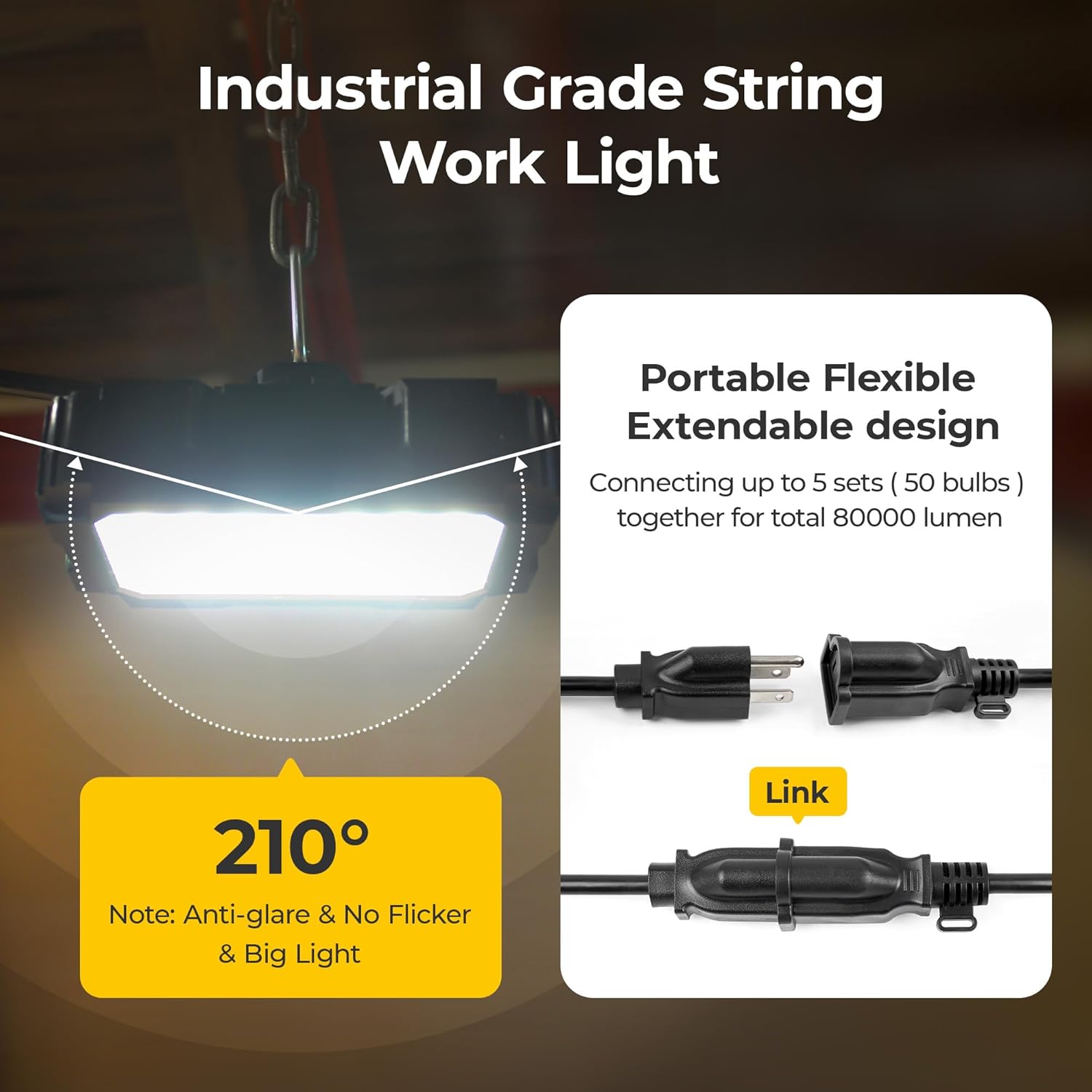 LED Work String Lights: 3 Prong Super Bright 90W 10800LM ETL Listed Linkable Waterproof Outdoor/Indoor Temporary Hanging Lighting for Construction Attic Jobsite Garage