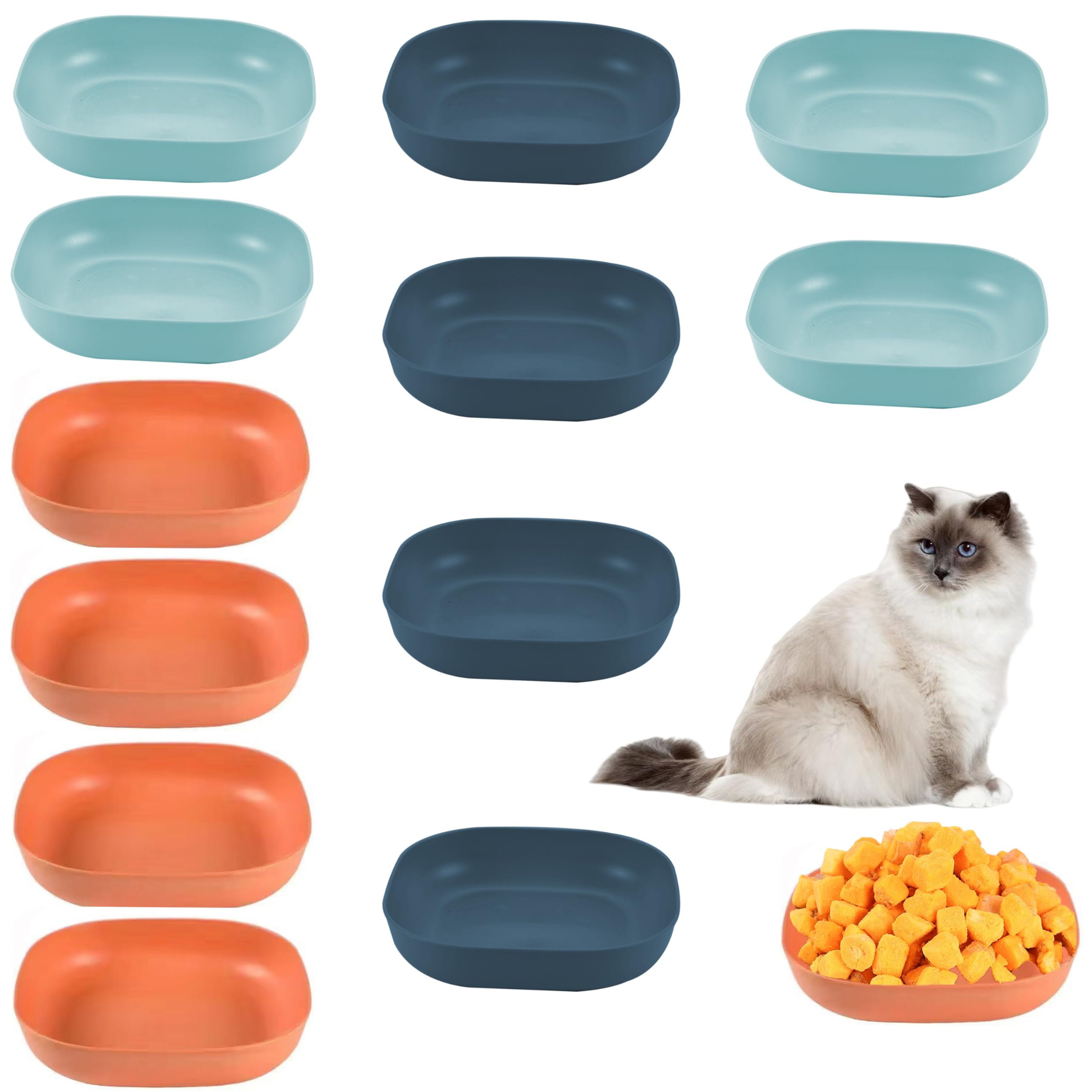 Shallow Cat Bowls Set of 12, Whisker Fatigue Relief Cat Food Dishes, BPA-Free Non-Slip Plastic Bowls for Multi-Cat Households, Dishwasher Safe (14.5cm)