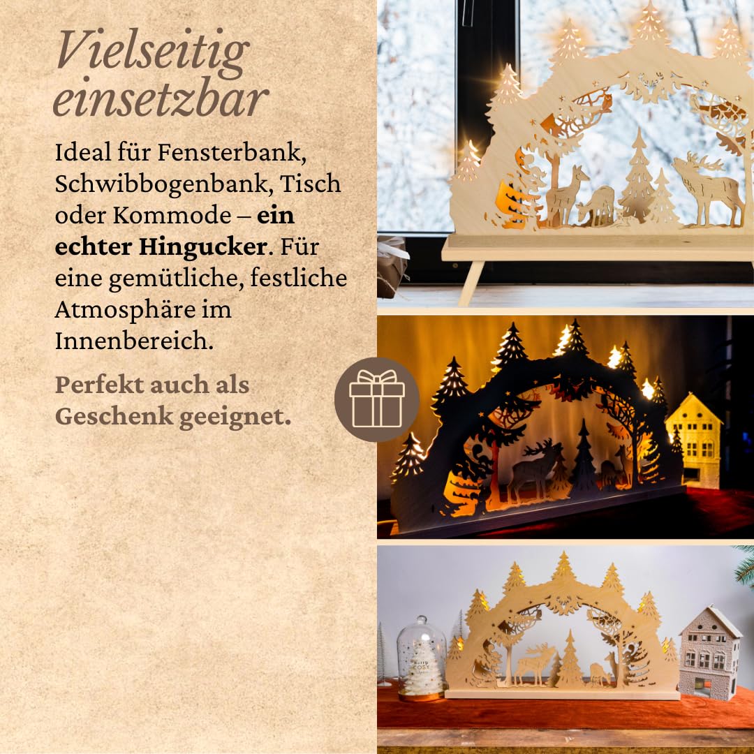 WEIGLA - Schwibbogen original Erzgebirge I Lichterbogen Weihnachten I Motiv Hirschfamilie I 7 Lampenkerzen + 1 Ersatzlampe I 7 x 34 V, 3 W, E10 I beleuchtete Weihnachtsdeko innen