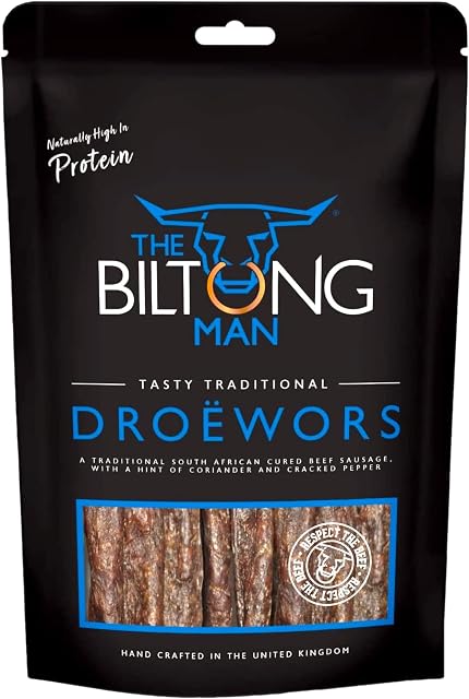 The Biltong Man | Tasty Traditional Droëwors Sticks | High Protein Beef Snack | Keto-friendly South African Dried Beef Sausage, 250 Grams