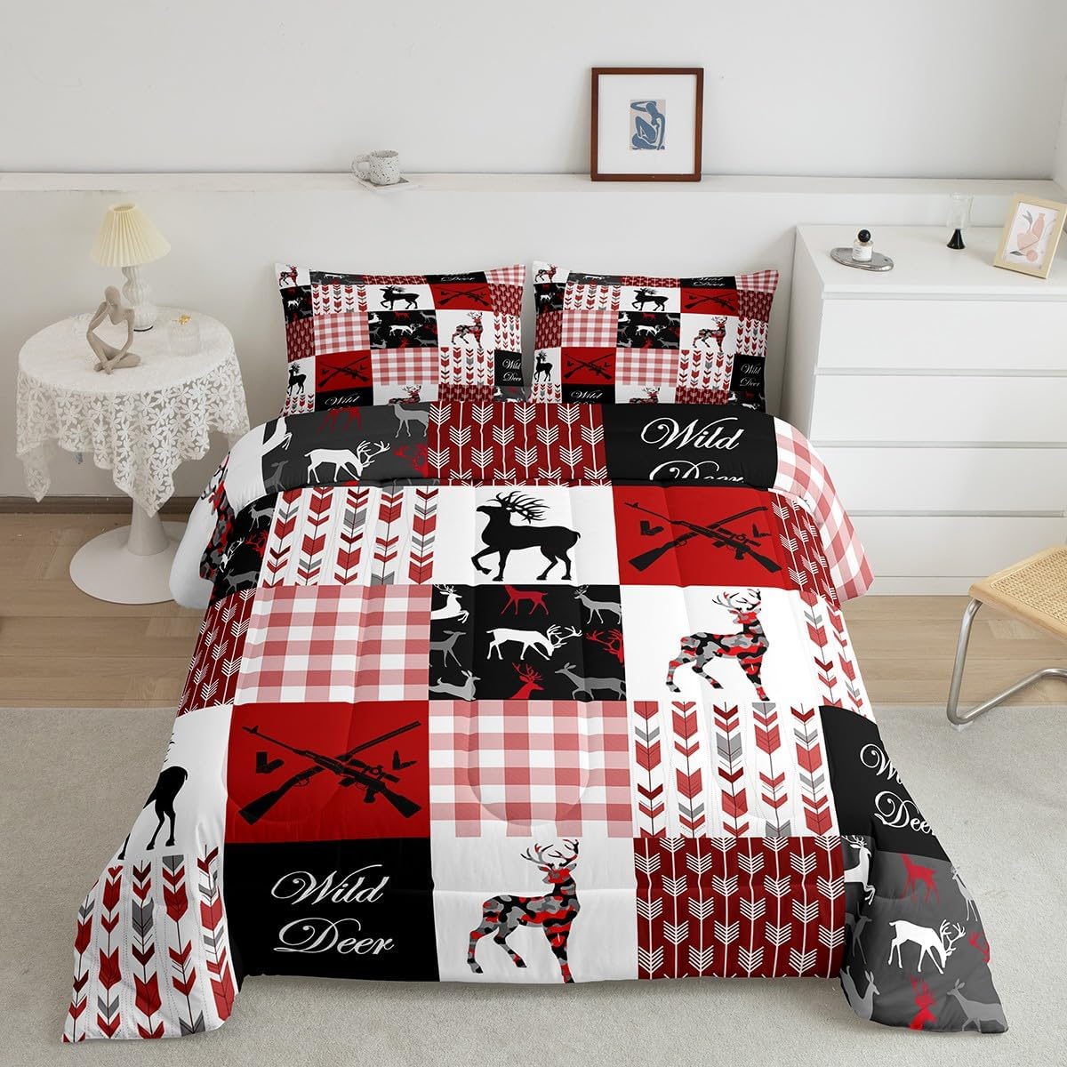 jejeloiu Camo Antler Comforter Set Full Size Kids Deer Hunting Pink Plaid Buffalo Comforter for Boys Teens Farmhouse Cabin Camouflage Boho Arrow Bedding Set Wild Animal Duvet Set Quilt Set