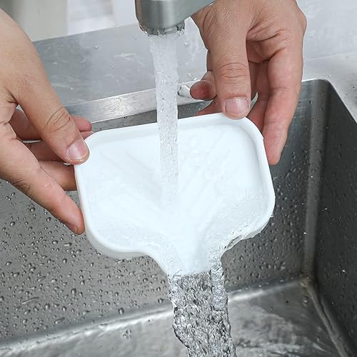 Vista 52 de Jaboneras de baño de silicona con boquilla de drenaje, organizador de fregadero de baño y cocina, soporte para esponja, bandeja de jabón para Gris