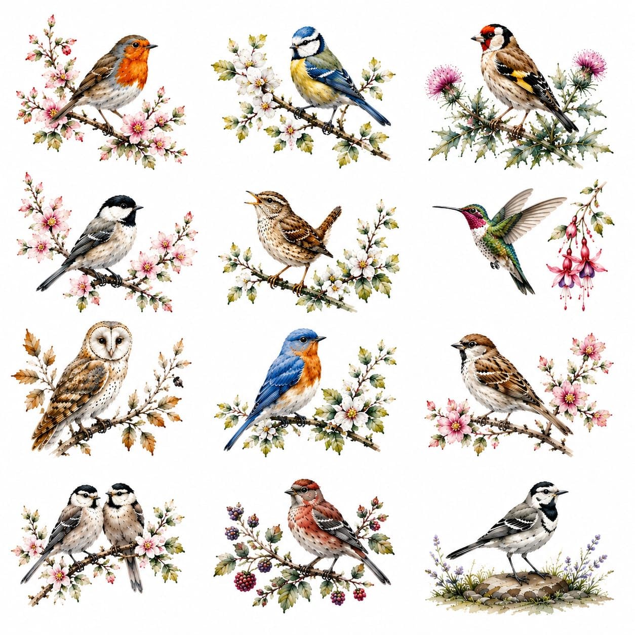 Watercolour Bird and Floral UV DTF Cup Wrap Transfer Stickers, 6.35x6.35 cm, Waterproof Decals for Mugs, Water Bottles, Laptops, Pack of 12