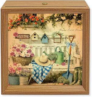 Wood Night Light Box 6.5x6.5in,Farmhouse Colorful Flower Table Lights Wooden Picture Frame with USB Rechargeable Touch LED Lights for Home Decor Desktop Display,Rustic Wood Welcome Text