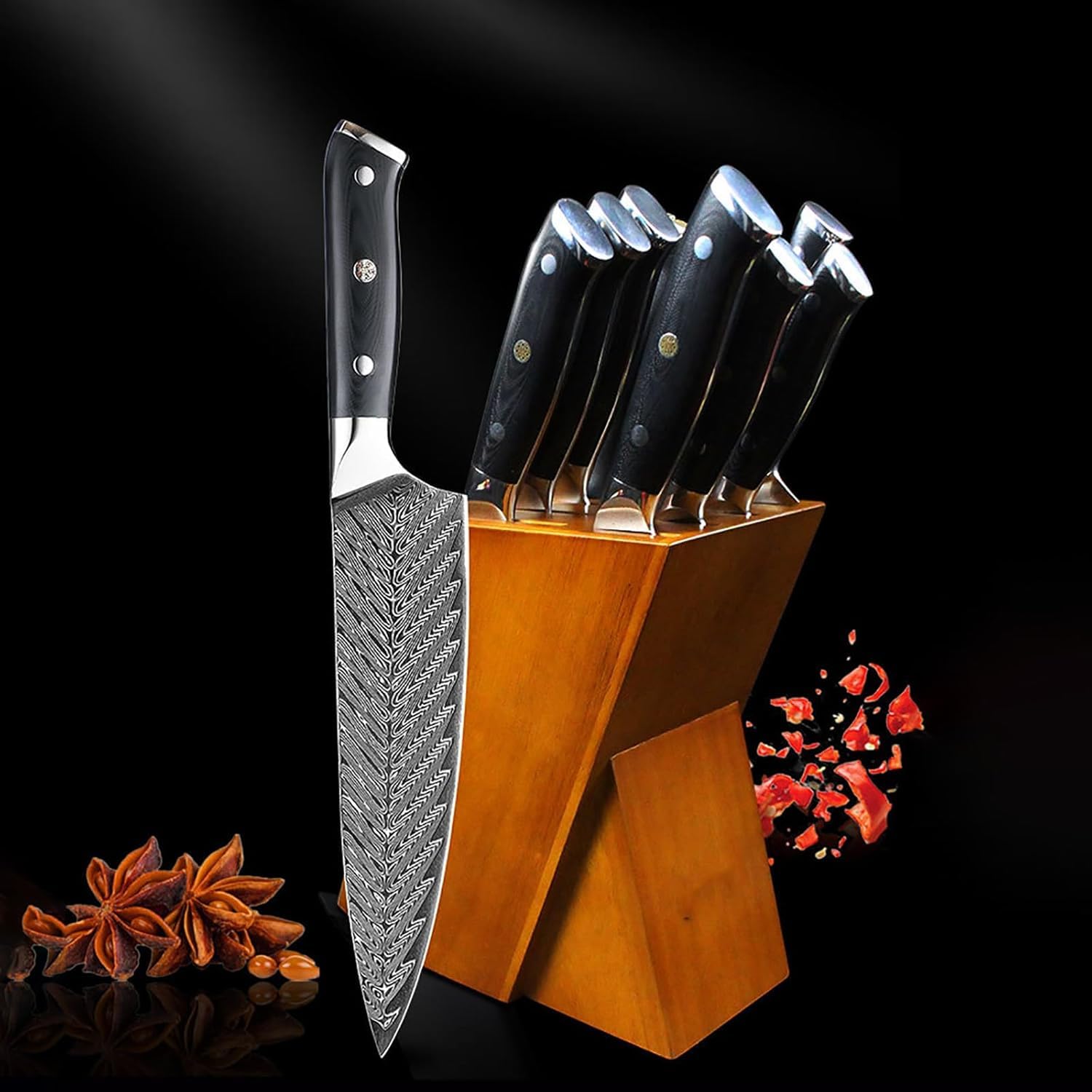 7-Piece Damascus Kitchen Knife Set with Block Black Rivet Handle Knife Block Set Forged German Stainless Steel for