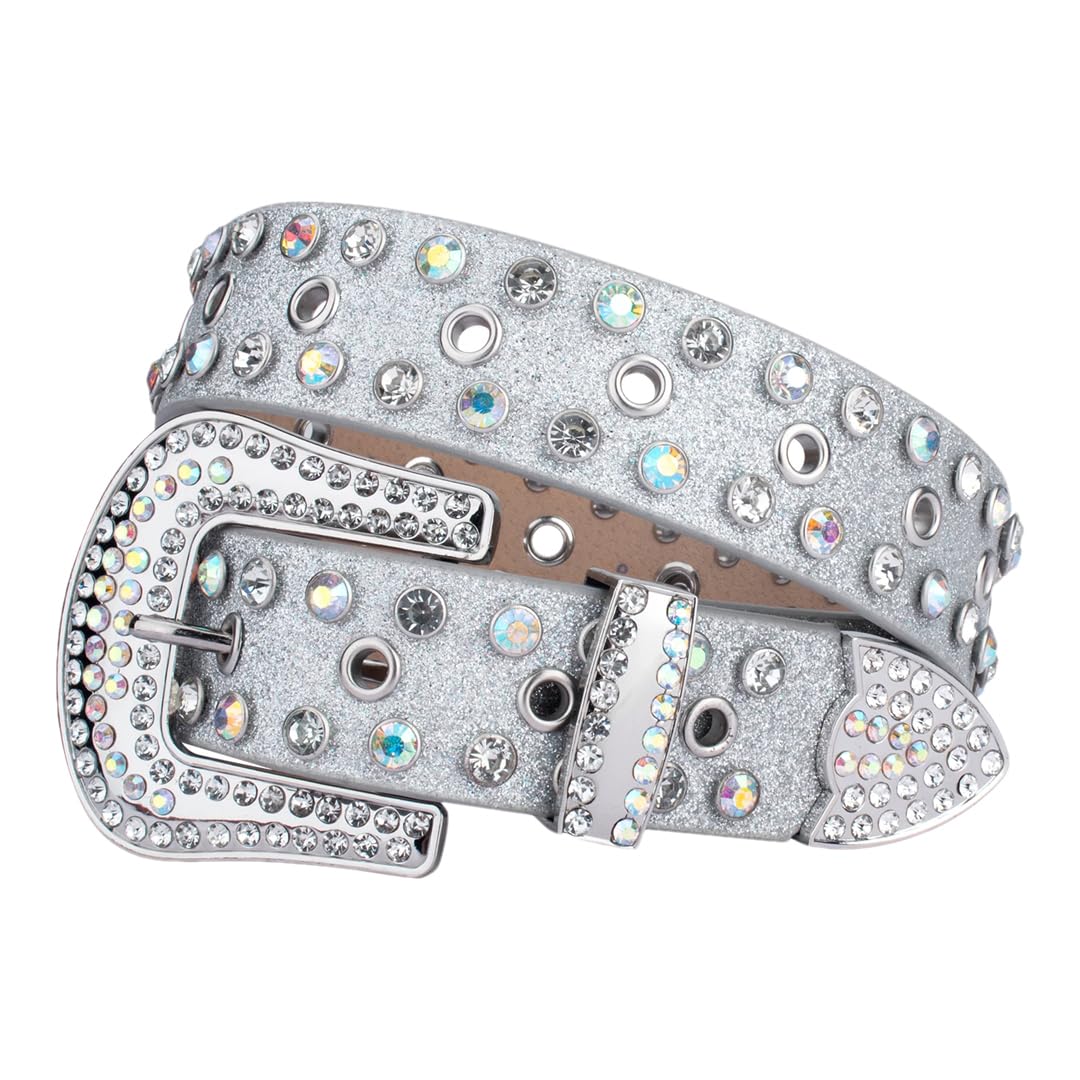 Women’S Punk Pattern Carving Rhinestone Thin Flash Belt Western Style For Party And Casual Wear