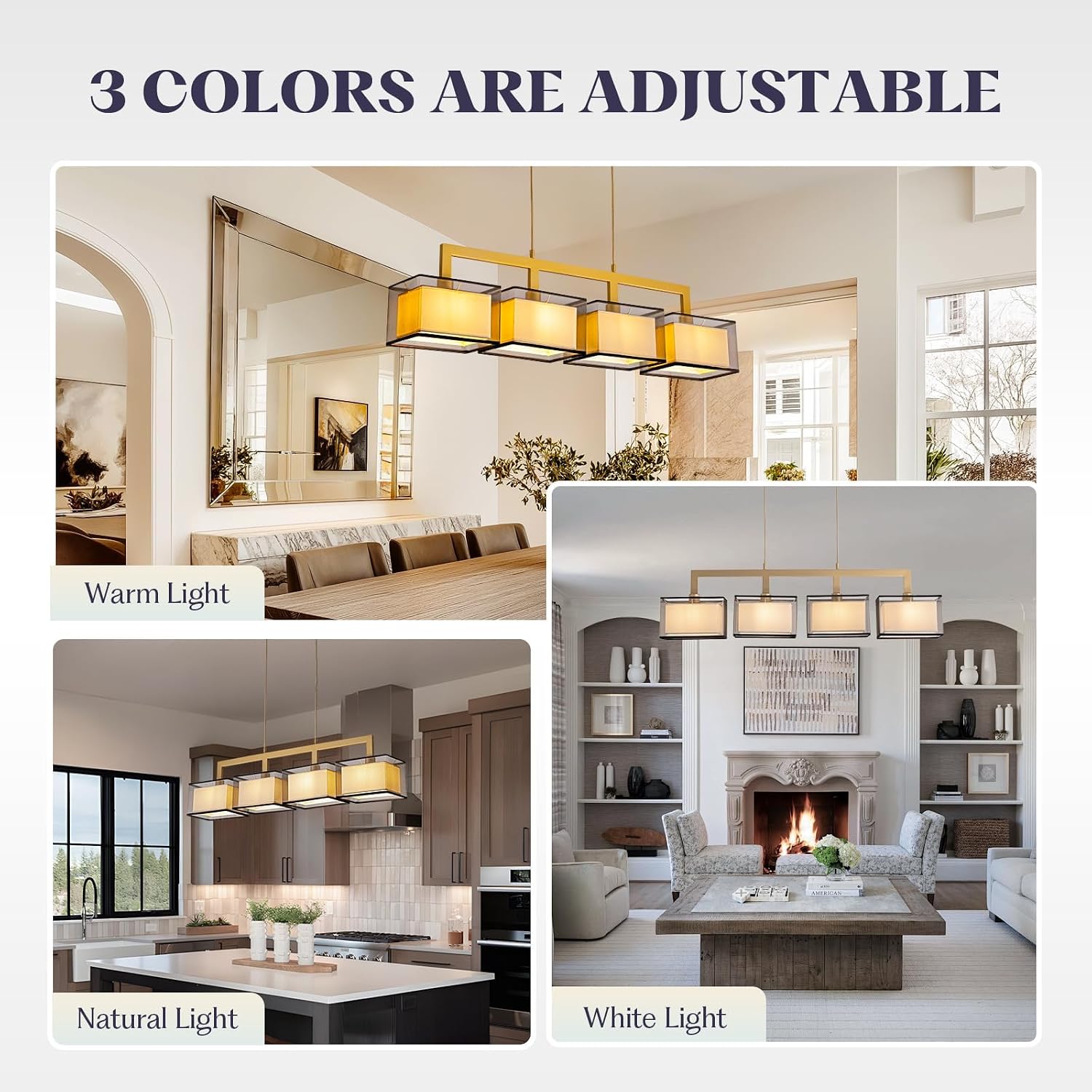 Modern 4-Light Linear Chandelier,Kitchen Island Light with Fabric Drum Shade, Adjustable Height Rectangular Pendant for Dining Room, Living Room, Hallway (L44inxW7inxH11in)