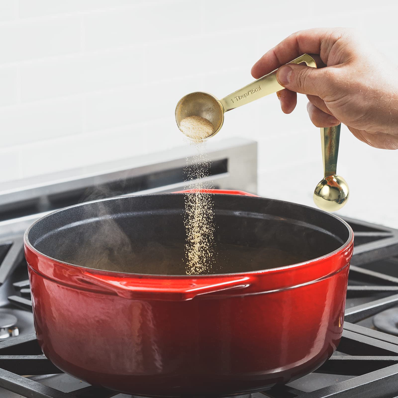 Verdikte roestvrijstalen maatlepels set van 5 maatbekers met ring voor bakken en koken - roségoud (lepels-1,25/2,5/5/7,5/15ml