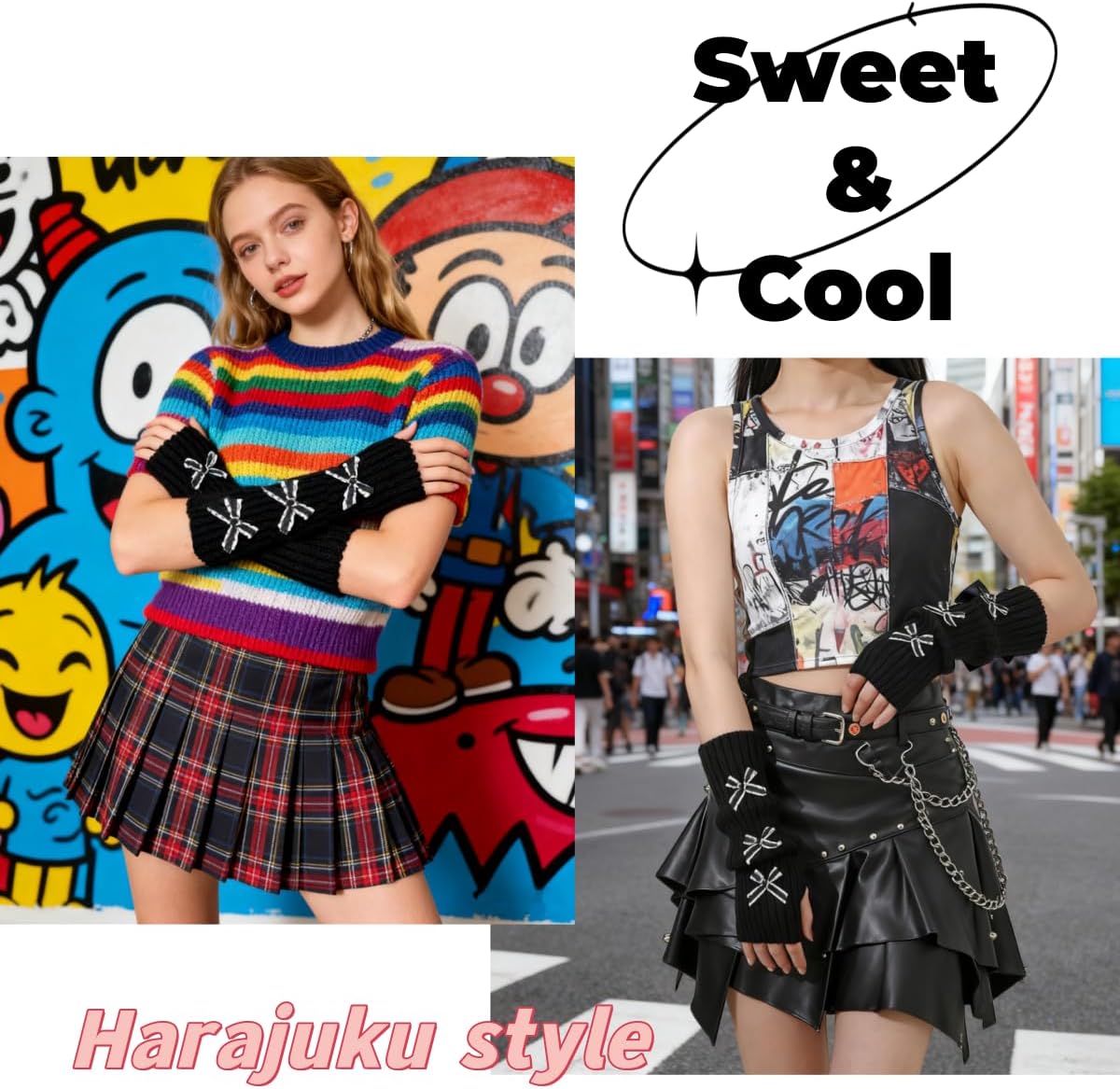2Sets Cute Bow Knitted Arm Warmers for Women, Kawaii Black and White Long Fingerless Arm Sleeves with Bowbknot,Y2k Gloves for Cold Weather Gothic Fashionable Style