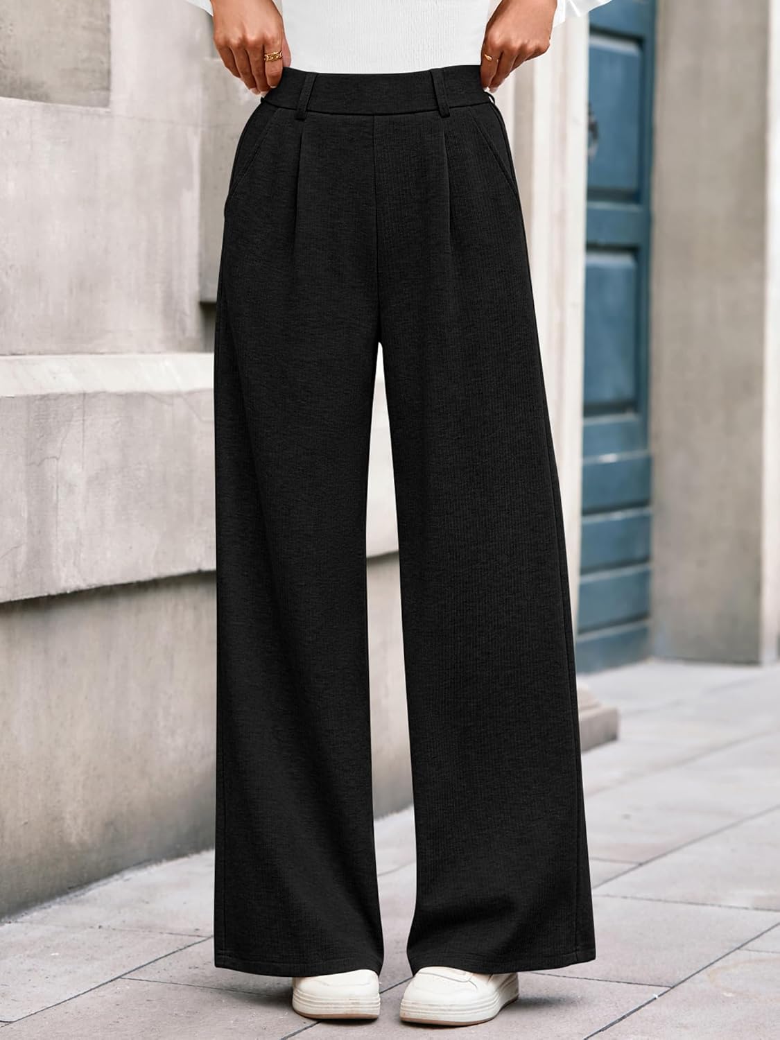 BTFBM Wide Leg Pants for Women Dressy Work Business Casual Elastic High Waisted Trousers Ribbed Lounge Palazzo Pants - Image 6