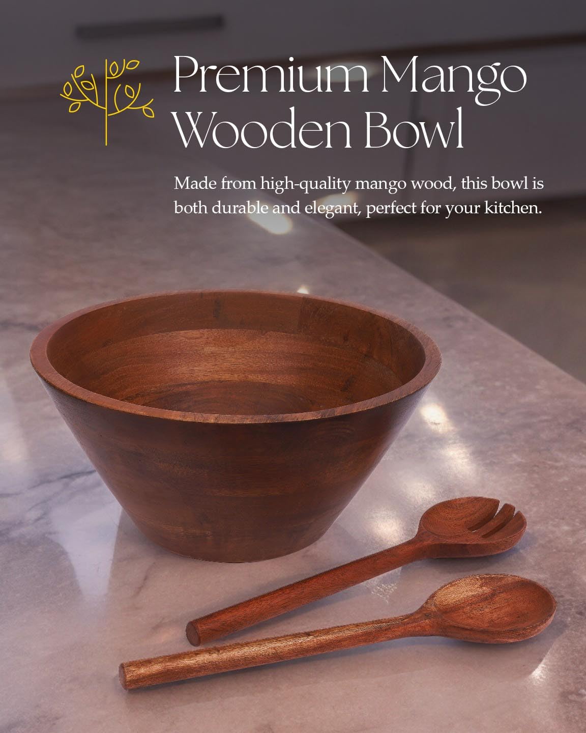 Tarli Juego de cuencos grandes de madera con tenedor y cuchara para frutas o ensaladas, cuenco de 12 pulgadas hecho de madera de mango de alta calidad con acabado natural, frutas, patatas fritas,