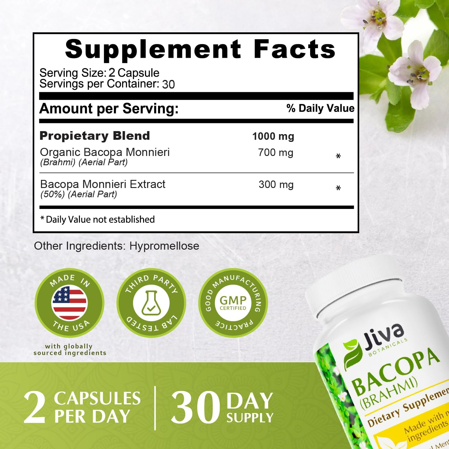 Jiva Botanicals Bacopa Monnieri Supplement Pure 1000mg per Serving - High Potency Bacopa Monnieri (Brahmi) & Extract for Normal Brain, Focus, & Memory Support - Ayurvedic Herbs - 60 Capsules - Image 6