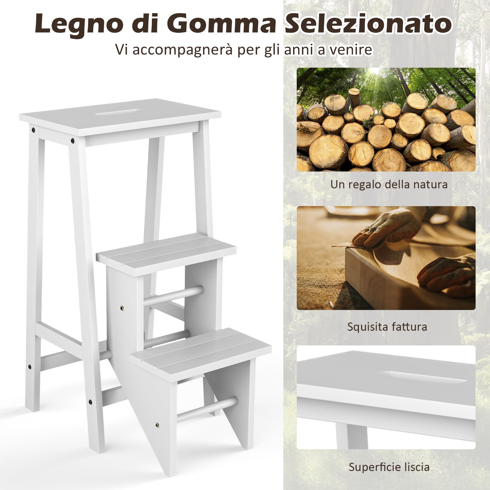 COSTWAY Scaletta Pieghevole, 3 in 1 Scaletta e Sgabello in Legno di Gomma Multifunzione, 3 Gradini, Reversibili Impugnatura, Capacità di Carico 310 kg, Ideale per Studio, Soggiorno (Bianco)