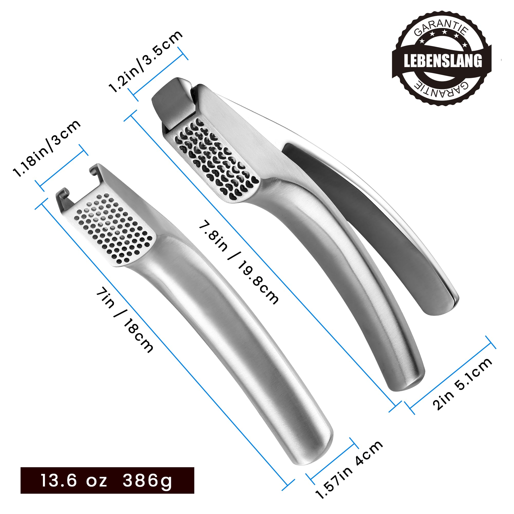 Gourmet Easy Knoblauchpresse, 2 Aufsätze, ohne Schälen, lebenslanger Ersatz | Robuste Knoblauchpresse Edelstahl mit 2 Aufsätzen für feines & grobes Hack, ergonomischer Griff, spülmaschinenfest