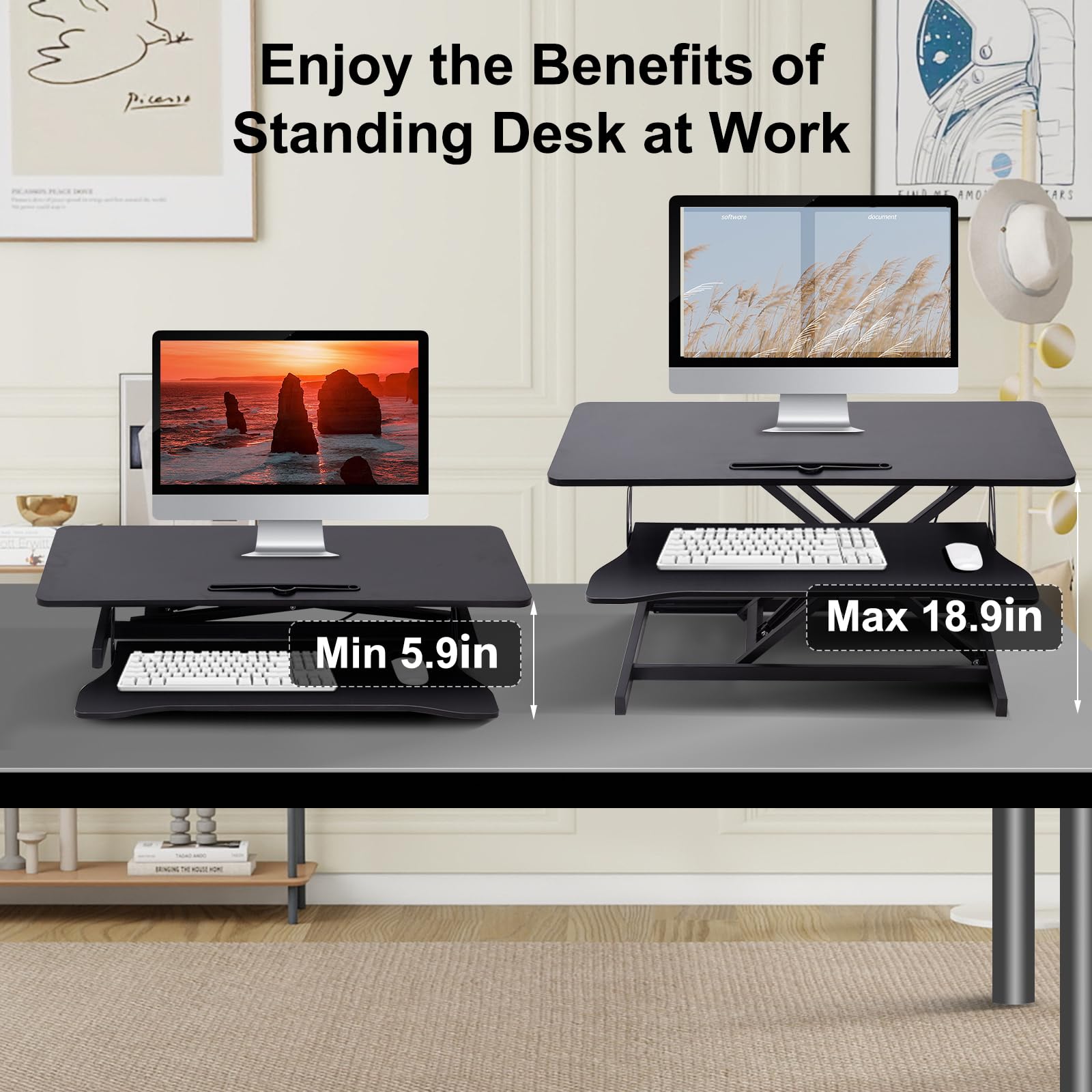 Höhenverstellbarer Schreibtisch-Aufsatz 94 x 40 - Sit-Stand-Erhöhung Macht Jede Workstation zum Standing Desk - mit Tastaturablage Belastbar bis 20 kg Gadgets - Schwarz