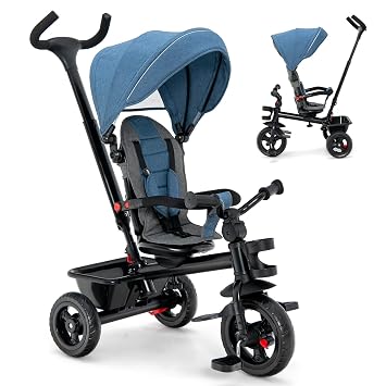 HONEY JOY Tricycle, 5-in-1 Baby Trike Stroller w/Adjustable Push Handle & Canopy, Reversible Seat, EVA Wheels Cup Holder & Storage Basket, Push Tricycle for Toddlers Age 1.5-5 Year Old Blue