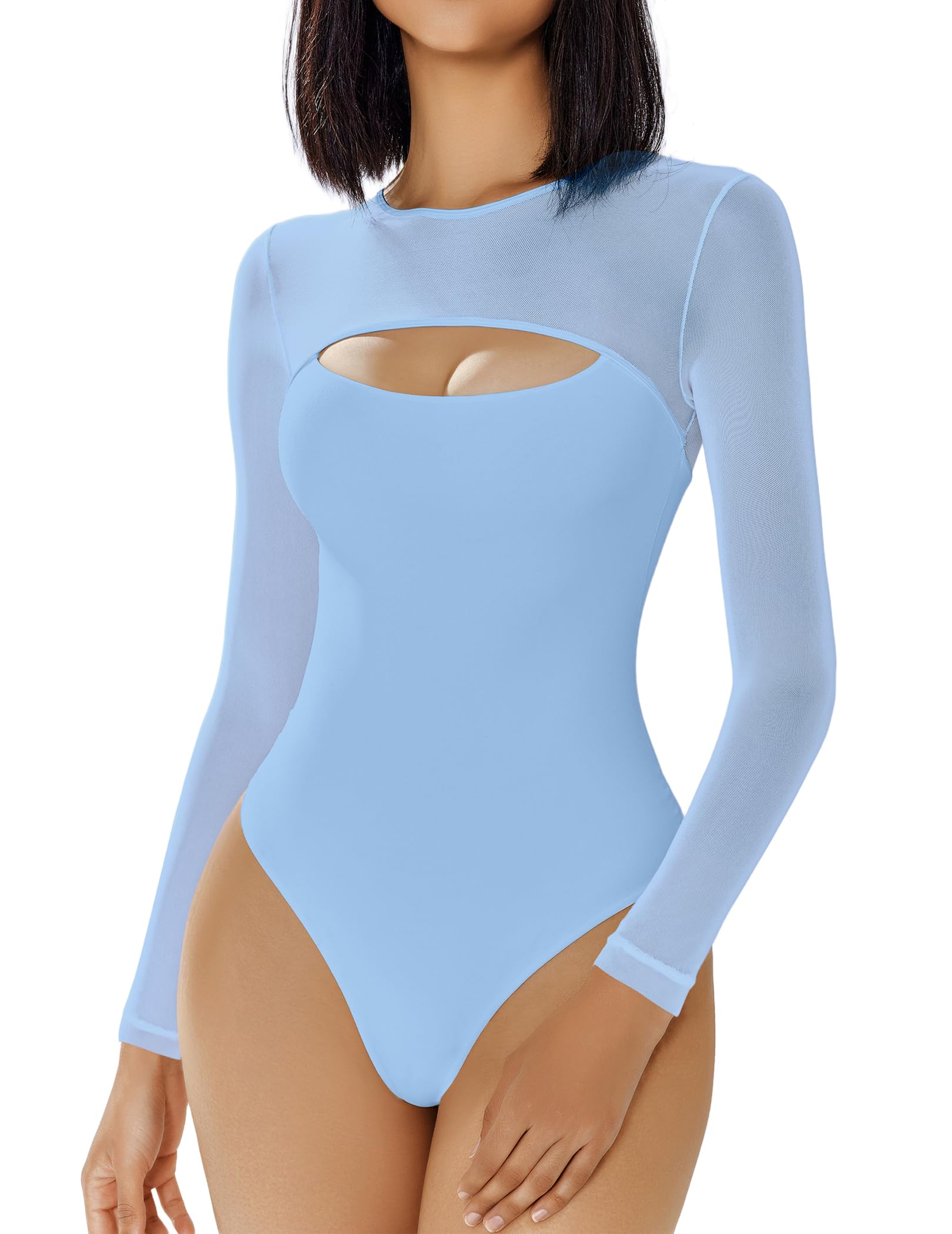 Avidlove Bodysuits for Women Sexy Round Neck Long Sleeve Mesh Bodysuit