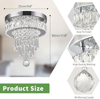 Modern Crystal Chandelier Ceiling Light,4-Tier K9 Crystal & Stainless Steel Flush Mount LED Ceiling Light,Energy-Efficient Cool White Light for Bedroom Living Room Hallway Kitchen Lighting 9.8