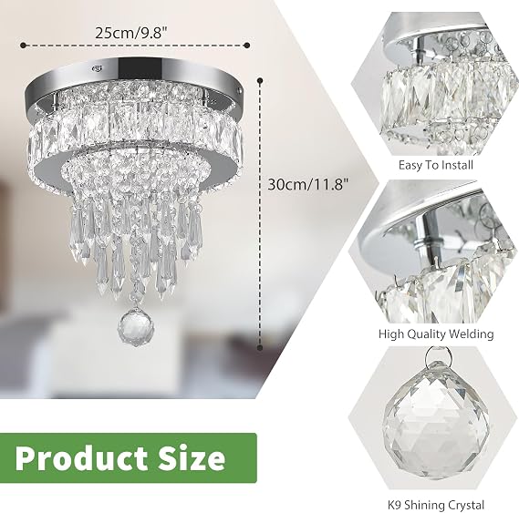 Modern Crystal Chandelier Ceiling Light,4-Tier K9 Crystal & Stainless Steel Flush Mount LED Ceiling Light,Energy-Efficient Cool White Light for Bedroom Living Room Hallway Kitchen Lighting 9.8