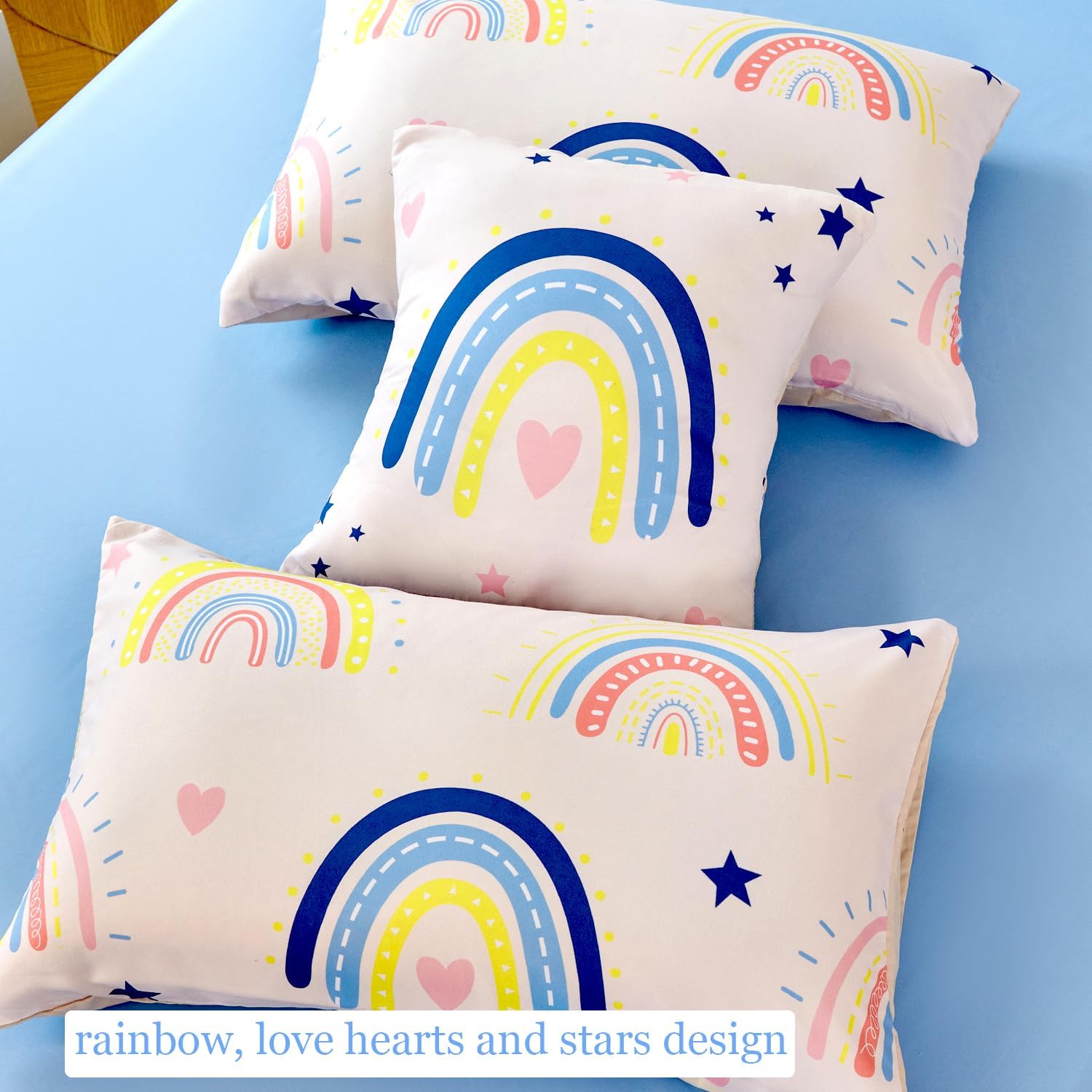 ANGIYUIN 6Pcs Beige Rainbow Queen Comforter Set - Cartoon Love Hearts and Stars Girl Bedding Set for Kids - Cute Soft Kid Bed in A Bag with Comforter, Sheets, Pillowcases