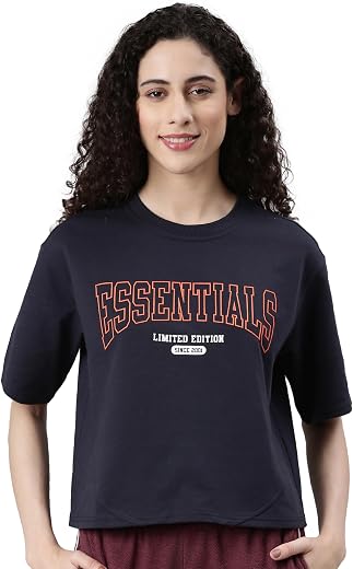 Enamor Short Sleeve Round Neck Crop Length Pull On Cotton Boxy T-Shirt - Typographic Print, Oversized Fit - E3G4