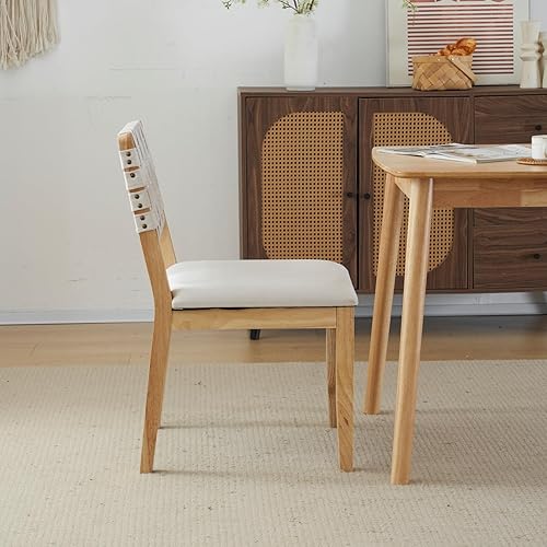 Miniatura 4 de VINGLI Juego de 4 sillas de comedor de madera tejida beige, sillas de escritorio modernas de mediados de siglo sin brazos con remaches y clavijas