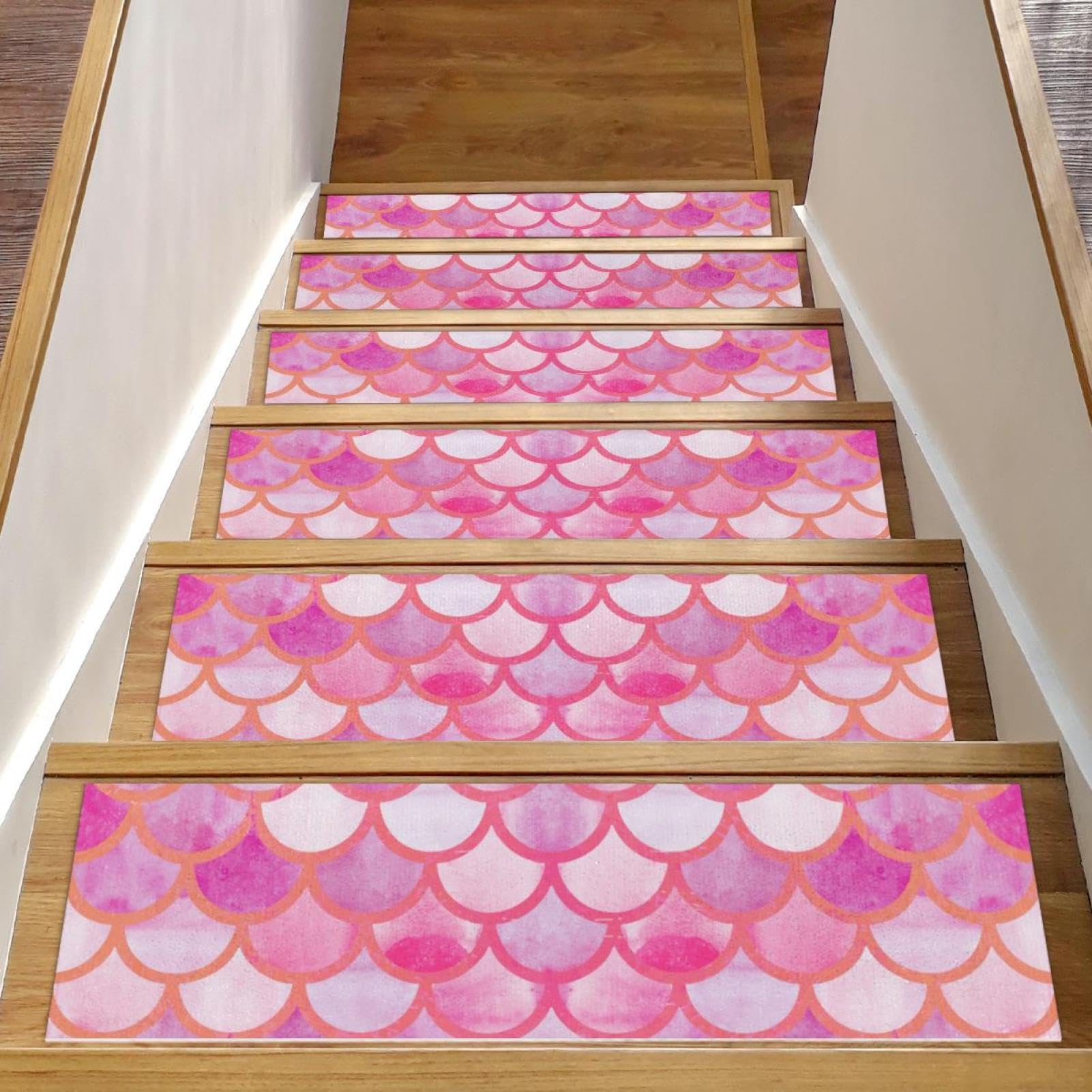Alfombras para escaleras de madera con diseño de escamas rosa, 15 peldaños de poliéster y TPE
