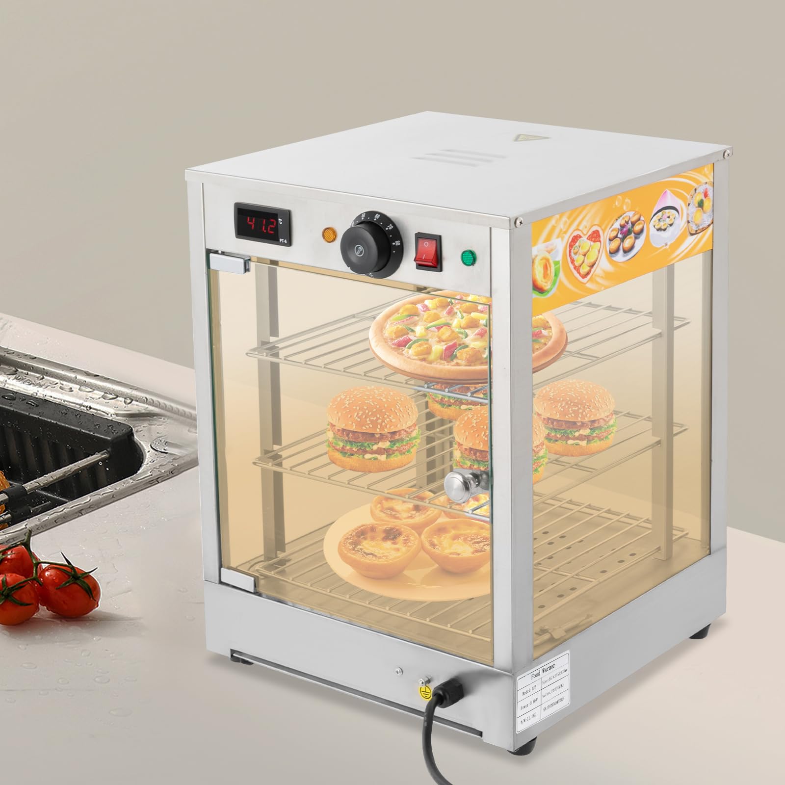 800W Electric Comercial Found,Estantes desmontables de 3 pisos,Temperatura 86-185 ° F,Modo termostato,Iluminación Refrigeración y humidificación Plata 201 Acero inoxidable Vidrio Caucho Pizza Pastel