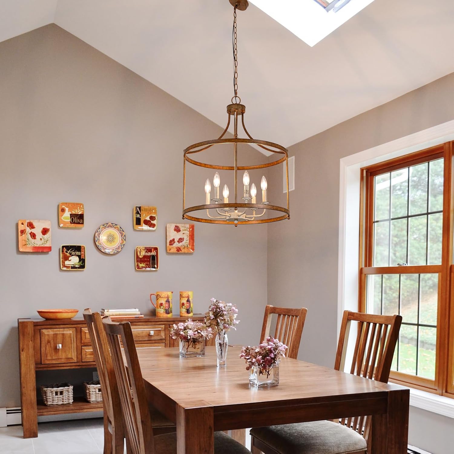 6-Light Retro Inspired Drum Chandelier, 21" Antique Bronze White Country Rustic Farmhouse Pendant Lighting Fixture for Kitchen Island, Dining & Living Room (Retro Bronze)