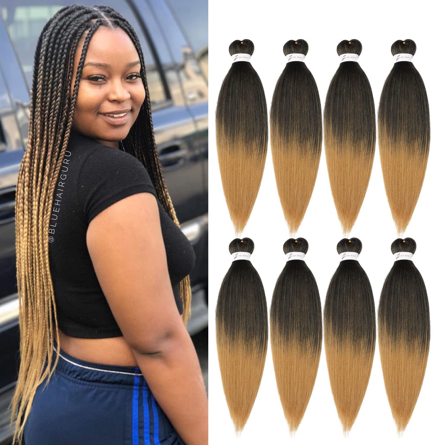 Ubeleco Pre Stretched Braiding Hair, 8 Packs 24 inch Braiding Hair Pre Stretched Yaki Texture, Hot Water Setting, Easy To Install Professional
