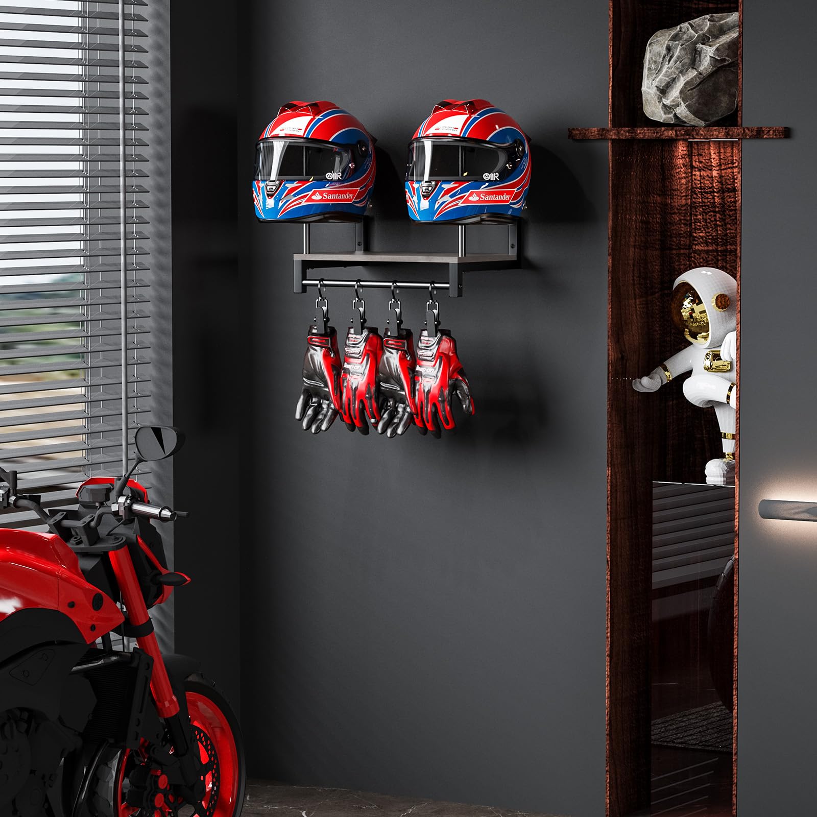 THYGIFTREE Uchwyt na 2 kaski, stojak na kaski, montowany na ścianie, stojak na kask motocyklowy, stojak na kask z 4 wiszącymi klipsami, wszechstronne akcesoria motocyklowe, do przechowywania motocykla